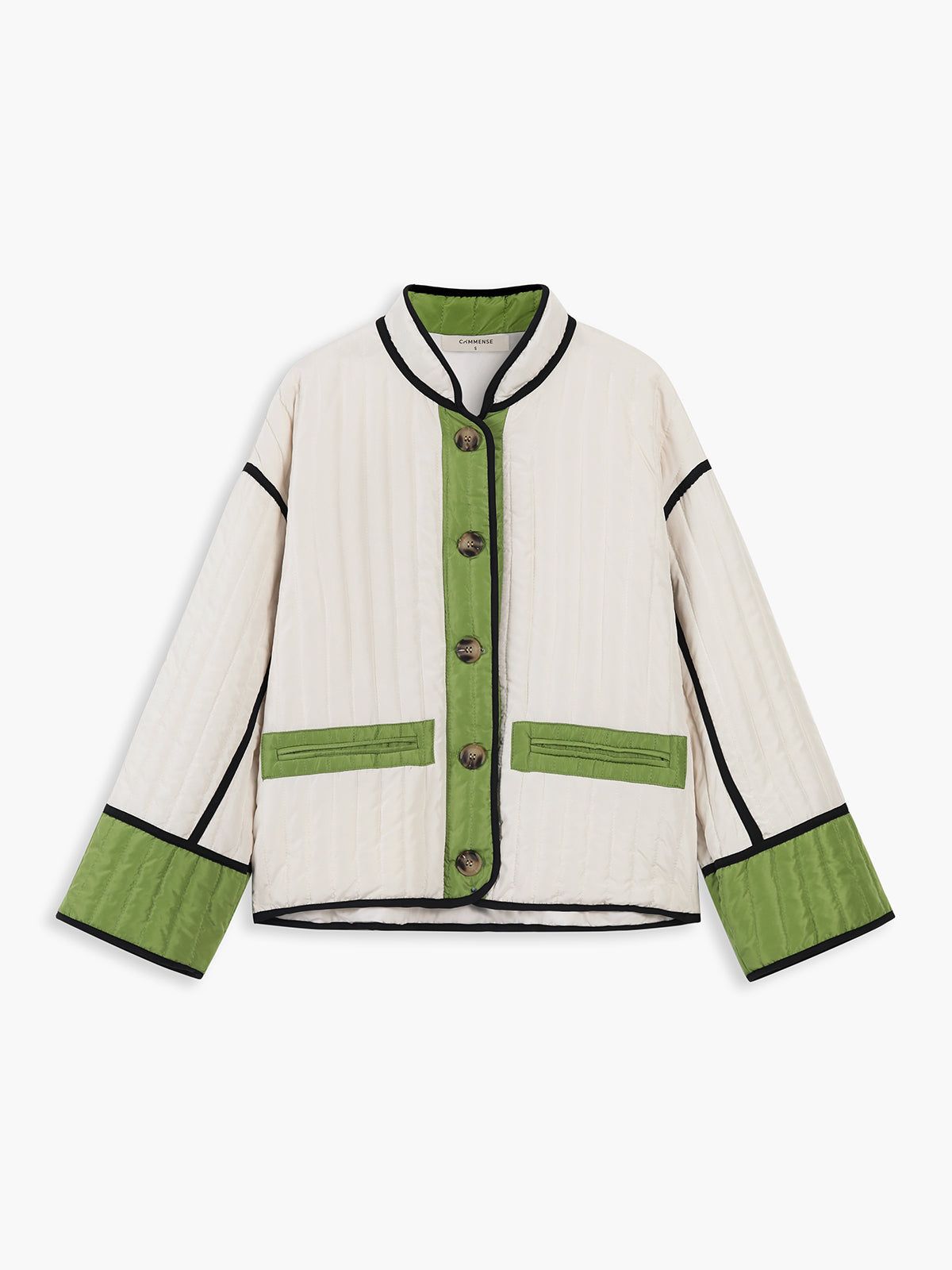 Contrast Piping Colorblock Quilted Coat sold by COMMENSE