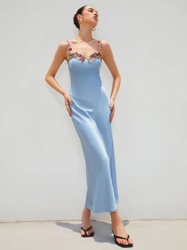 Satin Floral Trim Zippered Long Dress sold by COMMENSE