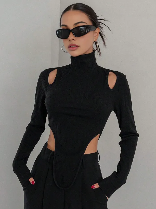 Cut Out High Neck Asymmetric Hem Top sold by COMMENSE