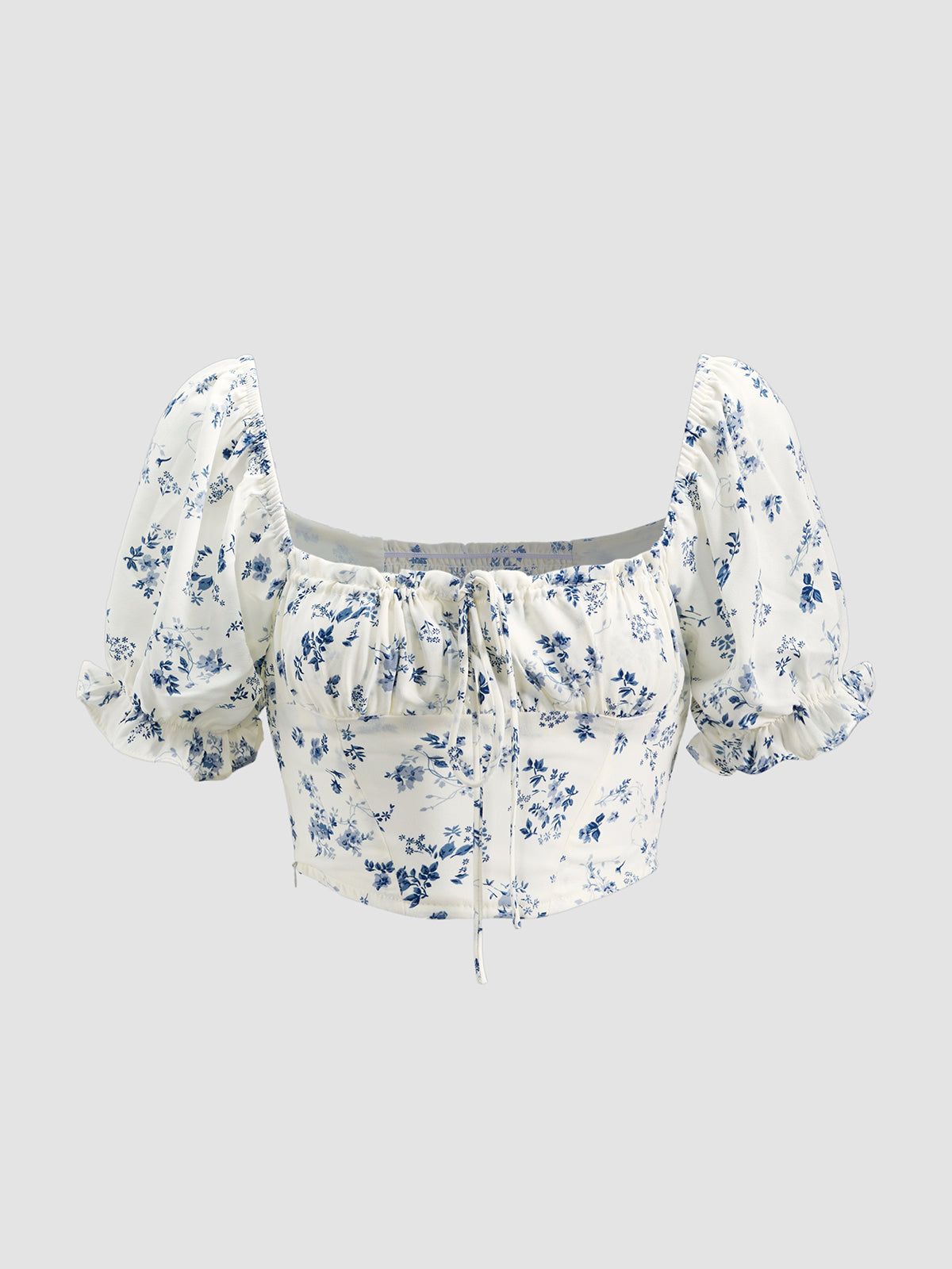 Short Puff Sleeve Floral Tie Front Top sold by COMMENSE