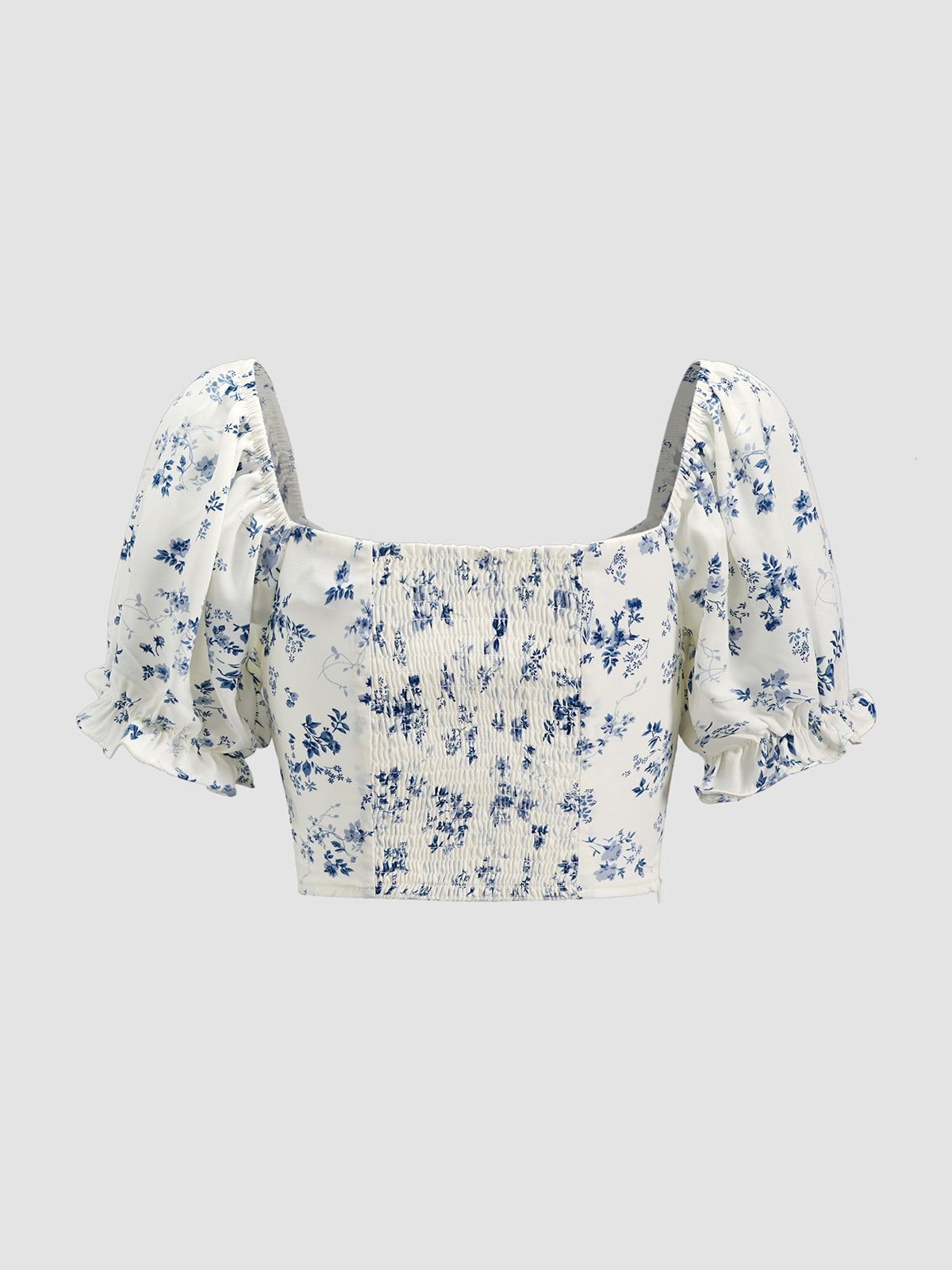 Short Puff Sleeve Floral Tie Front Top sold by COMMENSE product image thumbnail 2