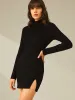 Turtleneck Long Sleeve Mini Dress with Slit and Ribbed Paneling sold by COMMENSE
