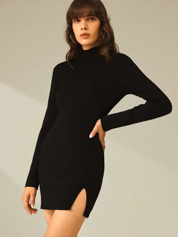 Turtleneck Long Sleeve Mini Dress with Slit and Ribbed Paneling sold by COMMENSE