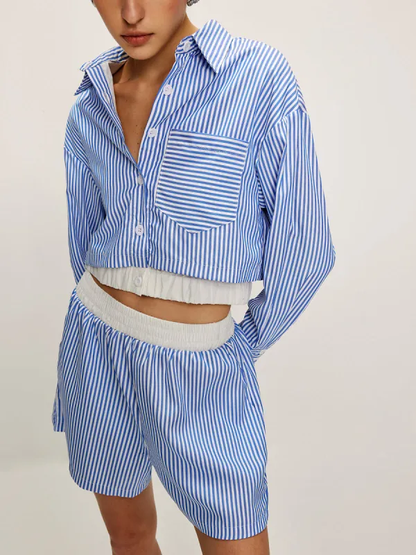 Patchwork Pinstripe Lapel Crop Shorts Set sold by COMMENSE
