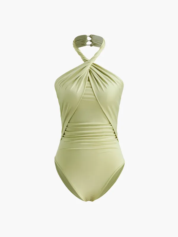Cross-Over Collar Pleated Bodysuit sold by COMMENSE