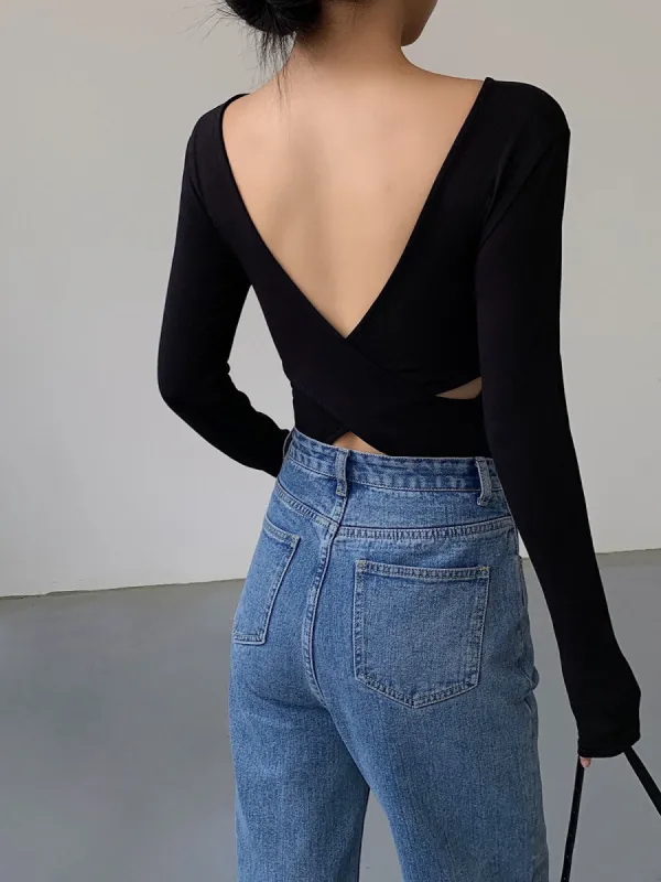 V-Shape Open Back Long Sleeve Shirt sold by COMMENSE