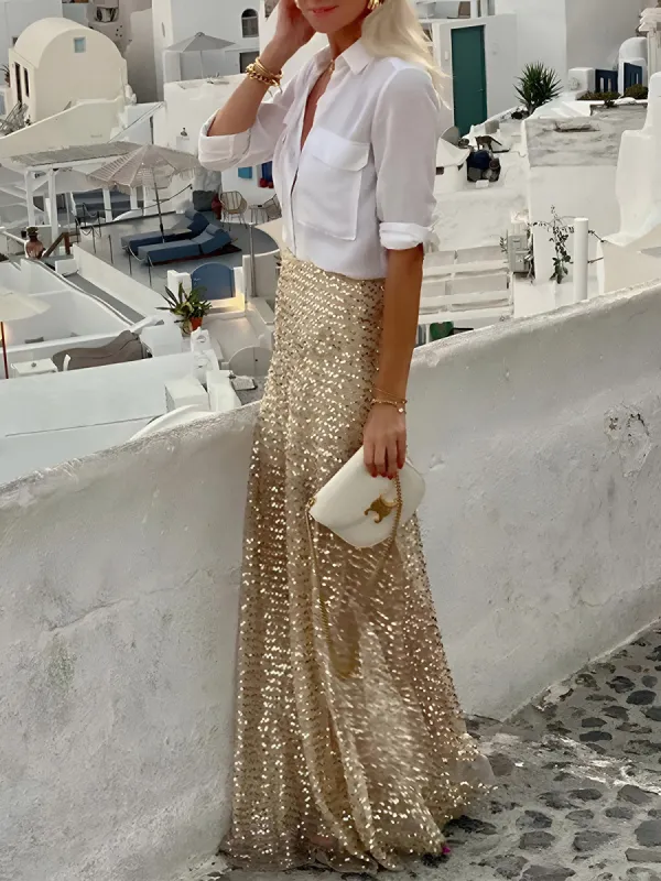Golden Mosaic Sequin Skirt sold by COMMENSE