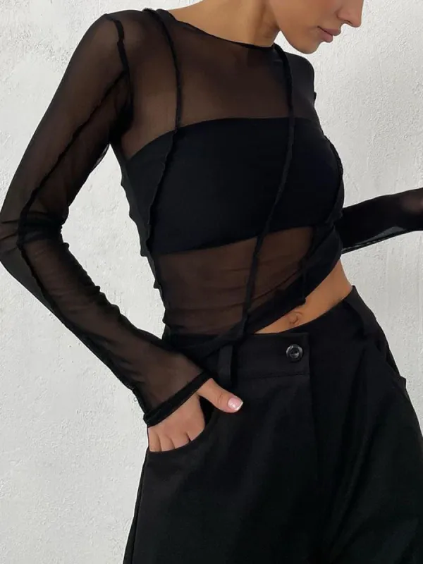 Mesh Crew Neck Long Sleeve Crop Shirt sold by COMMENSE