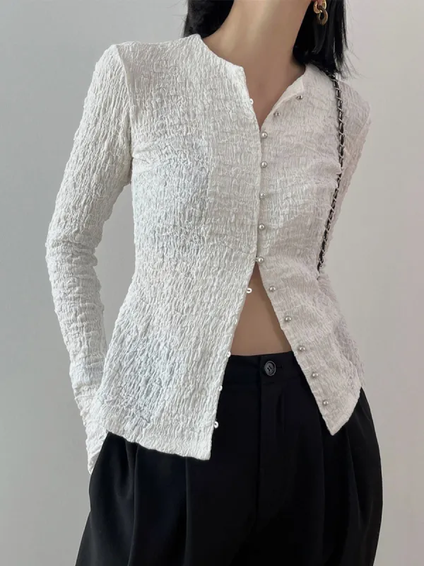 Vintage Button Down Textured Long Sleeve Shirt sold by COMMENSE