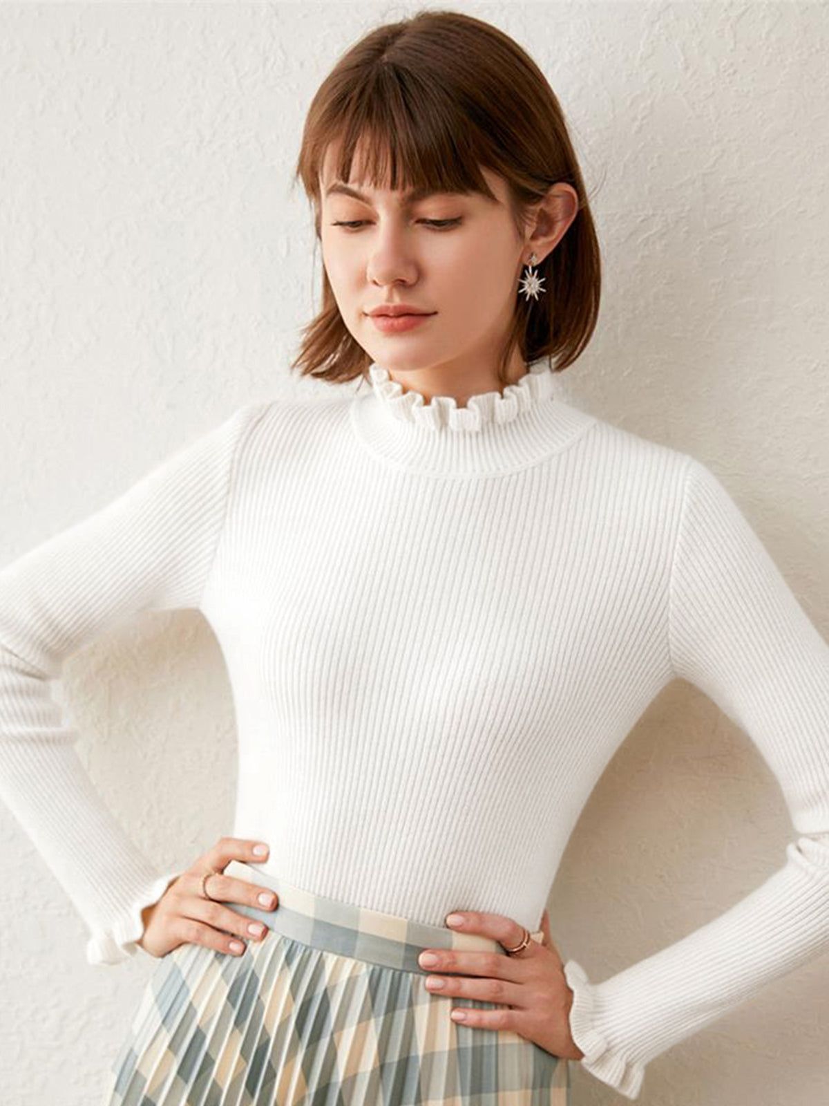 Ribbed Frilly Mockneck Knit Top sold by COMMENSE product image thumbnail 6