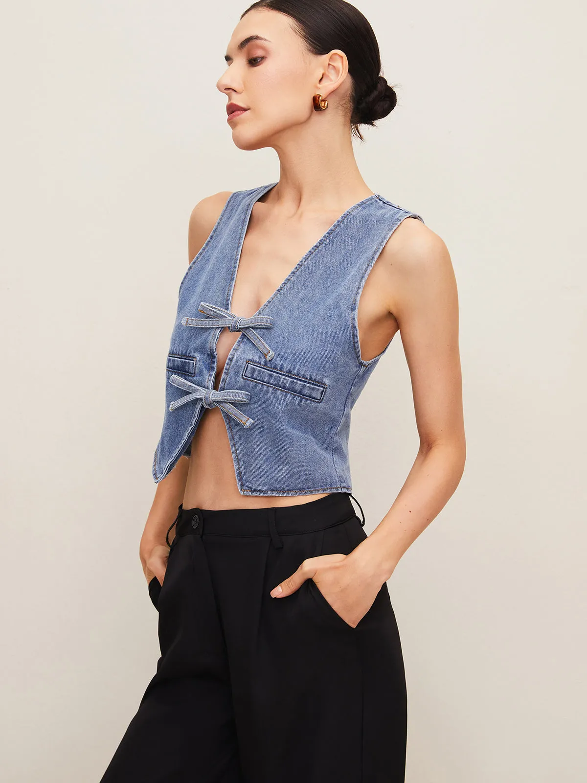 Denim Tie Front Vest sold by COMMENSE product image thumbnail 3