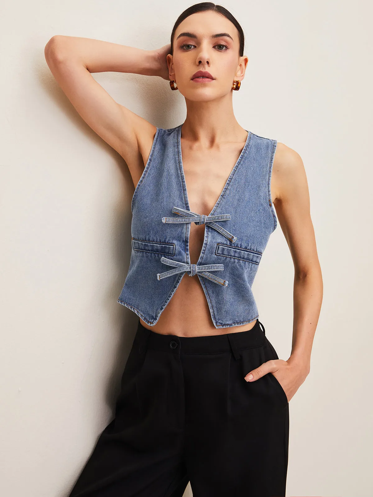 Denim Tie Front Vest sold by COMMENSE product image thumbnail 4