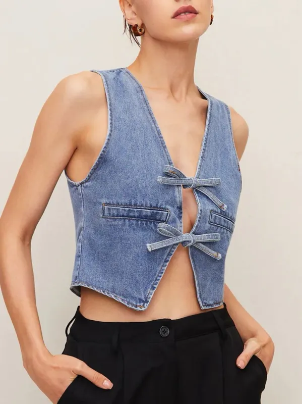Denim Tie Front Vest sold by COMMENSE