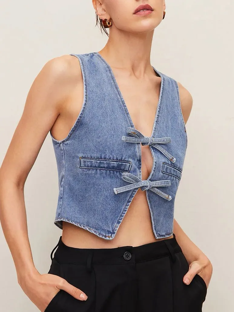Denim Tie Front Vest sold by COMMENSE