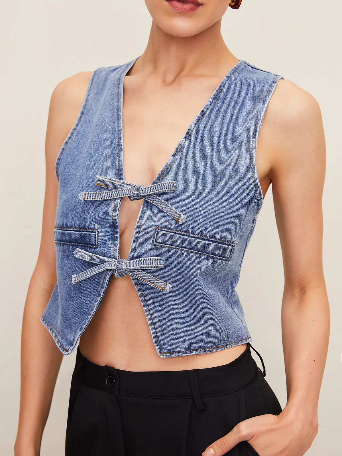 Denim Tie Front Vest sold by COMMENSE product image thumbnail 2