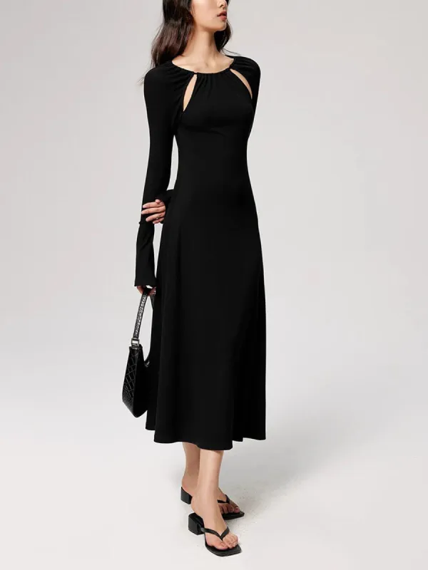 Bodycon Cut Out Crew Neck Tie-back Pleated Knit Long Dress sold by COMMENSE