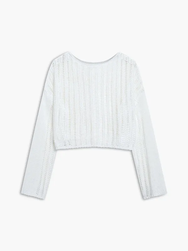 Solid Eyelet Crochet Knit Top sold by COMMENSE