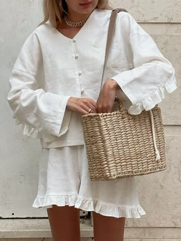 Pure Cotton Ruffle Decor Shorts Set sold by COMMENSE