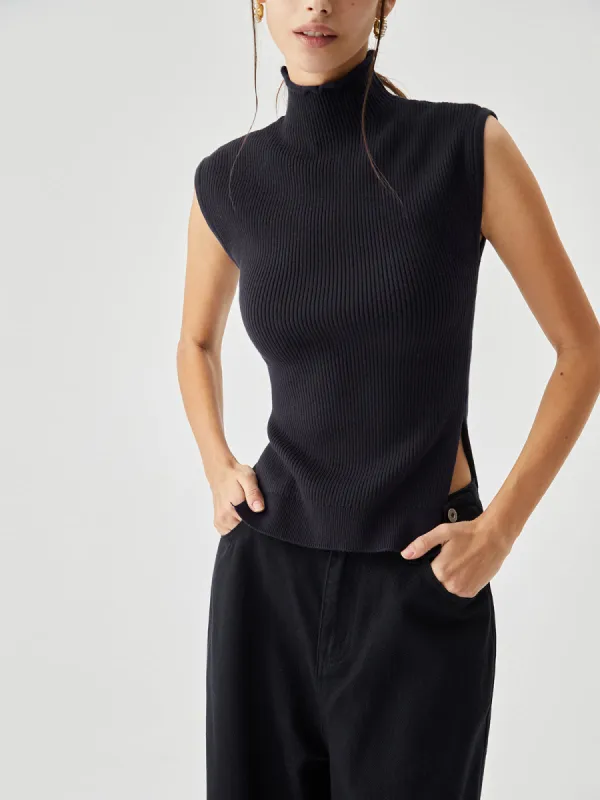 Sleeveless Mock Neck Slit Ribbed Knit Sweater sold by COMMENSE