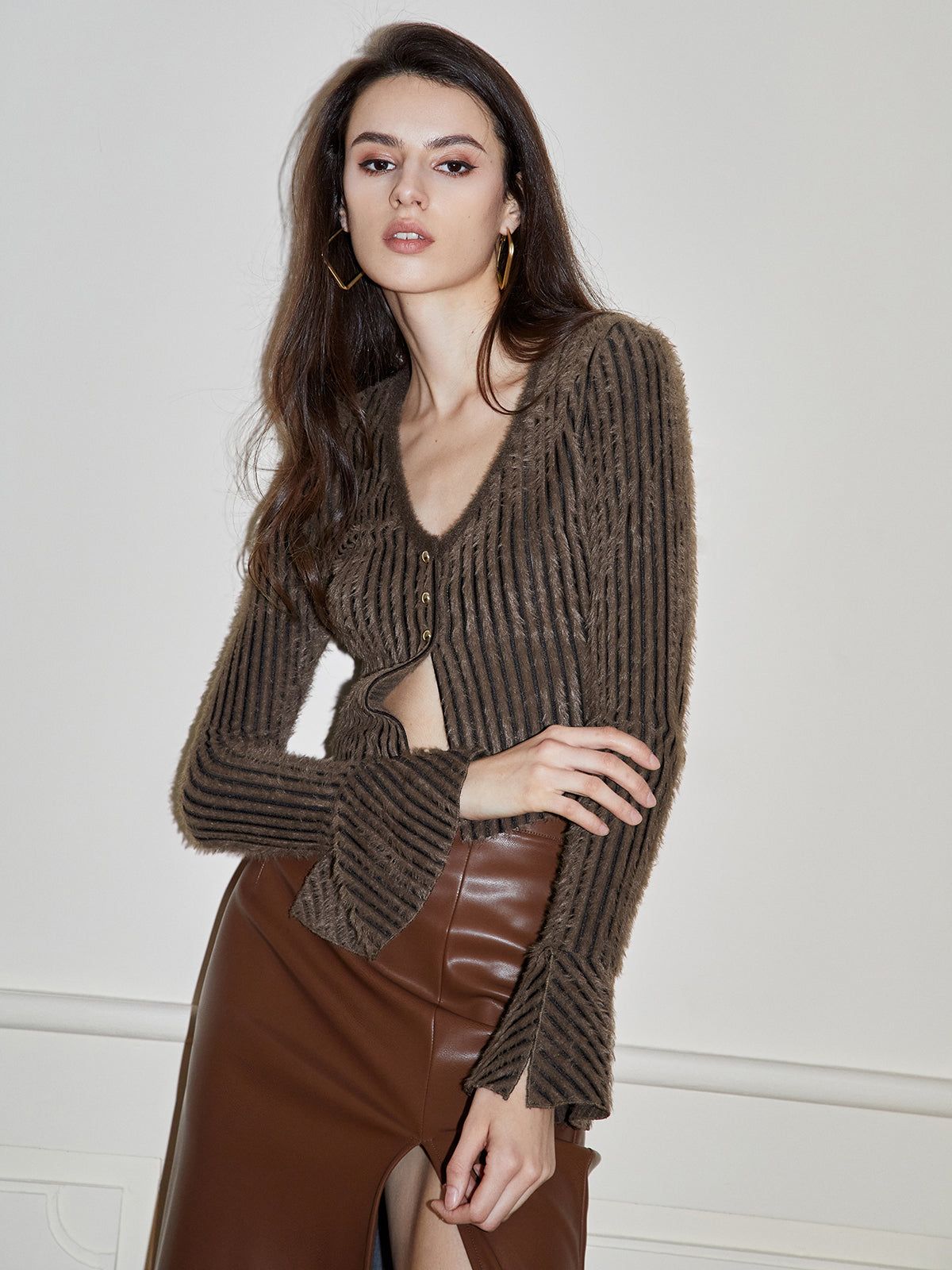 Button Bell Sleeve Ribbed Knit Crop Blouse sold by COMMENSE