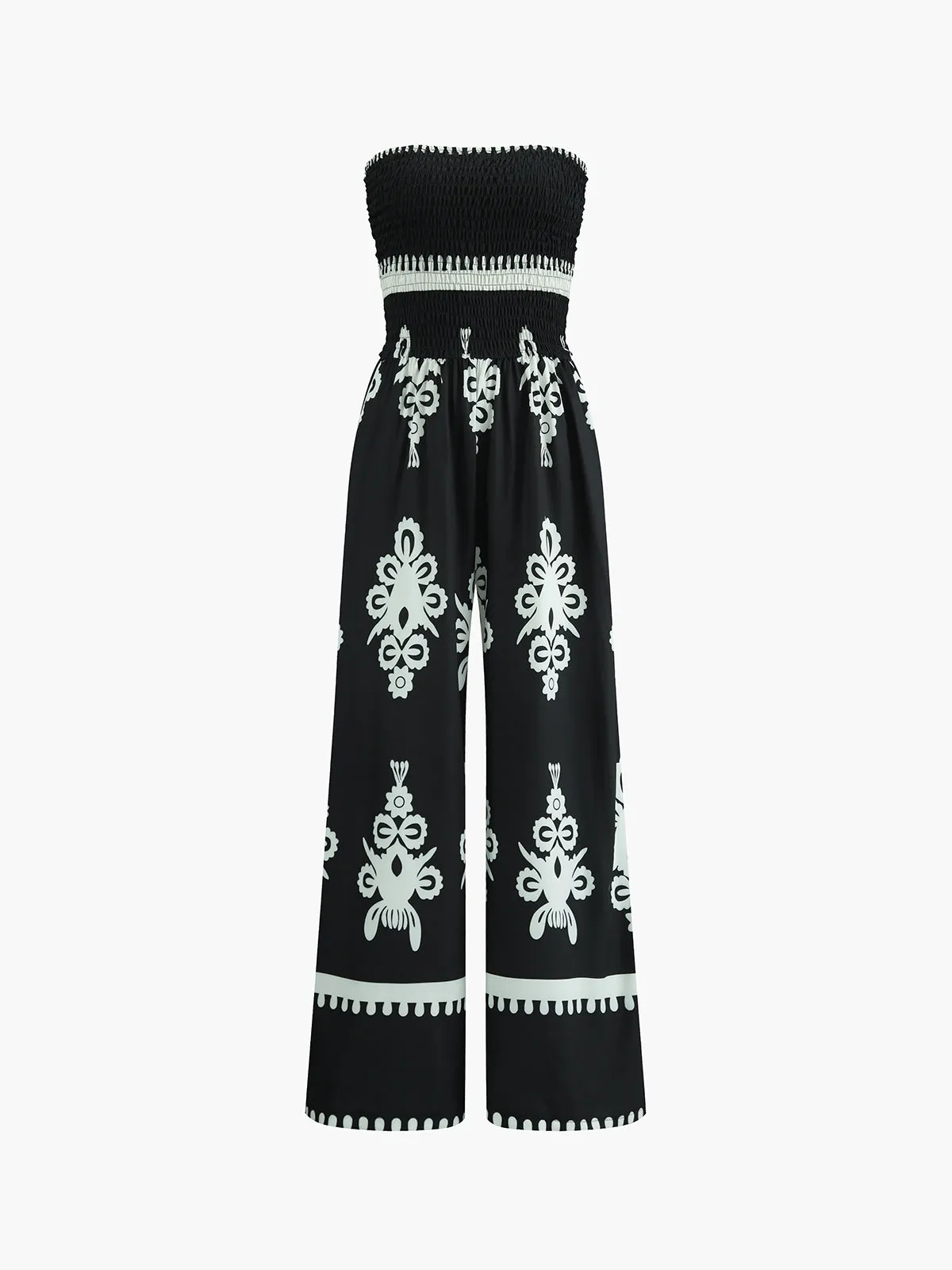 Cotton Blends Vintage Print Shirred Sleeveless Jumpsuit sold by COMMENSE