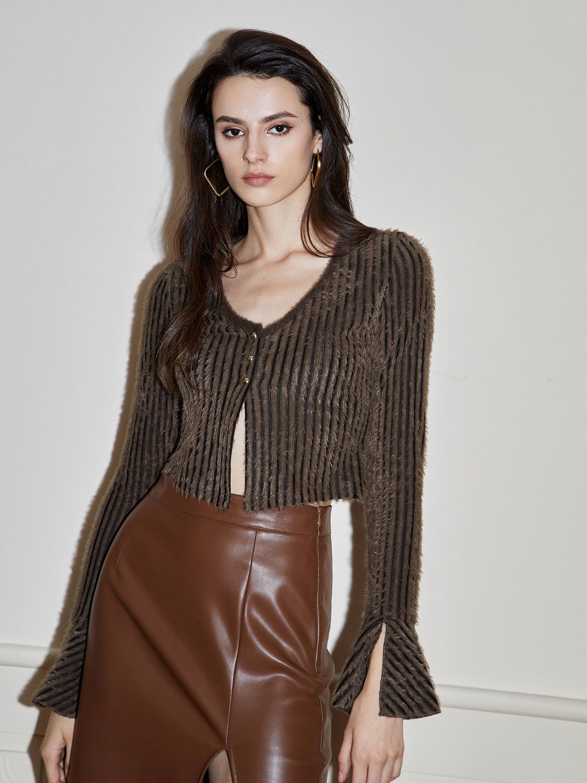 Button Bell Sleeve Ribbed Knit Crop Blouse sold by COMMENSE product image thumbnail 3