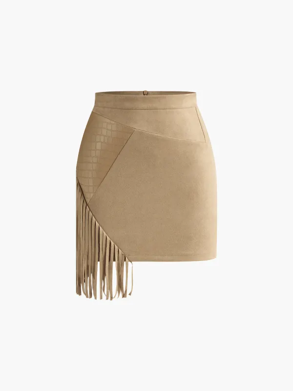 Suede Irregular Tassel Mini Skirt sold by COMMENSE