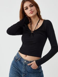 Solid Drawstring Neck Halter Top sold by COMMENSE