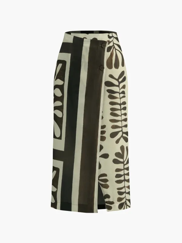 Asymmetrical Leaf Print Midi Skirt sold by COMMENSE