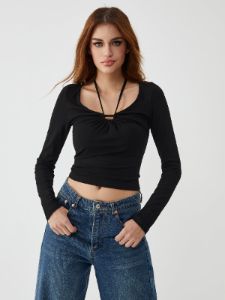Solid Drawstring Neck Halter Top sold by COMMENSE