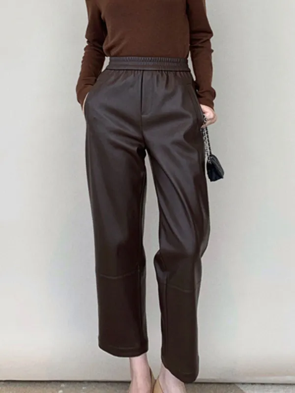 Faux Leather Fleece Lined Straight Leg Pants sold by COMMENSE
