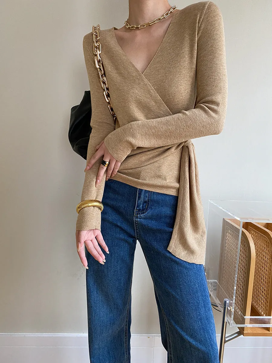 Wrap V-neck Long Sleeve Tie Knit Top sold by COMMENSE product image thumbnail 3