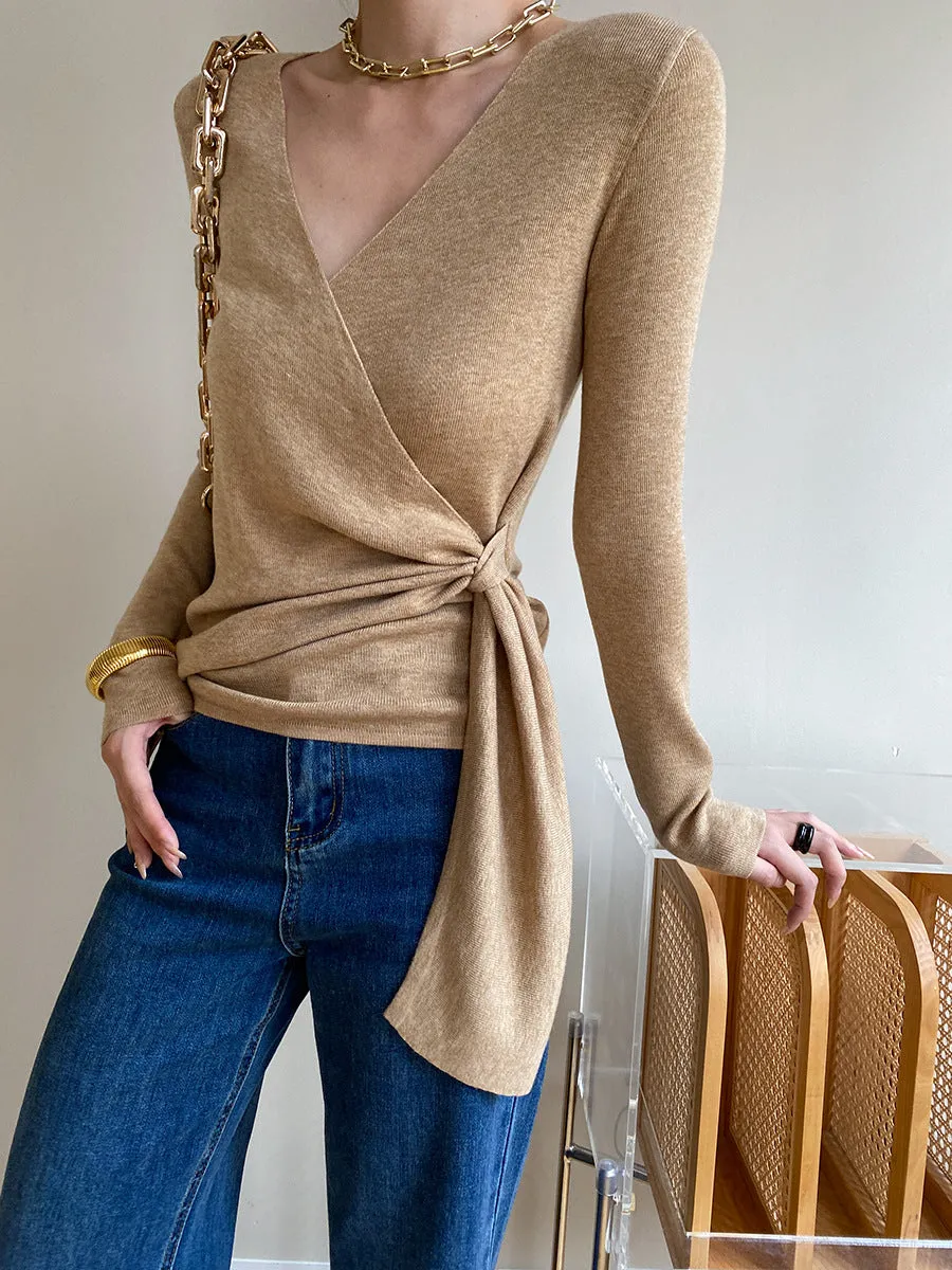 Wrap V-neck Long Sleeve Tie Knit Top sold by COMMENSE product image thumbnail 4