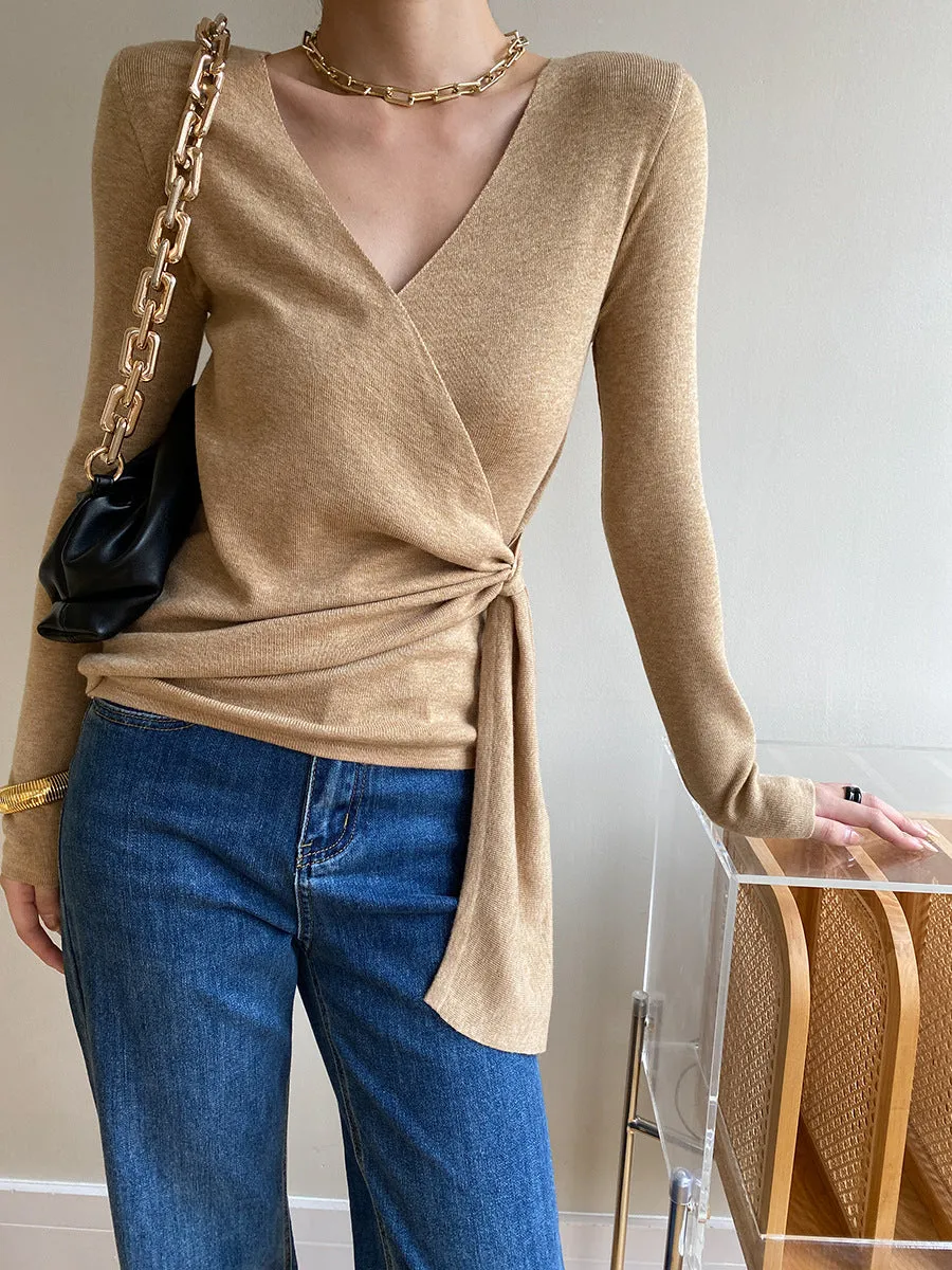 Wrap V-neck Long Sleeve Tie Knit Top sold by COMMENSE