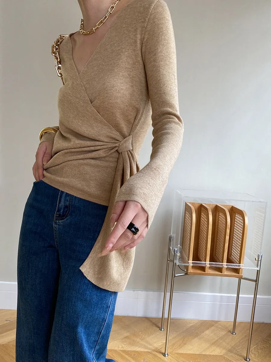 Wrap V-neck Long Sleeve Tie Knit Top sold by COMMENSE product image thumbnail 2