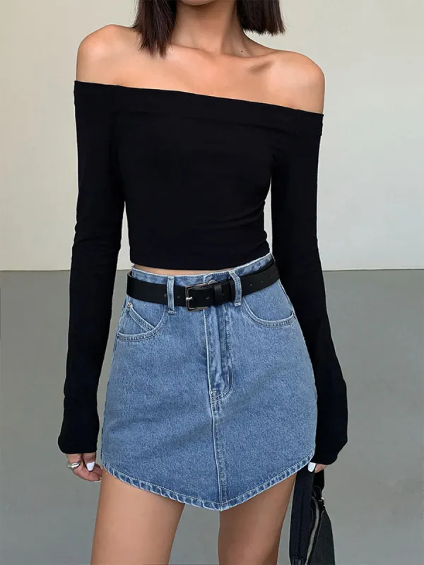 Off Shoulder Crop Long Sleeve Crop Shirt sold by COMMENSE