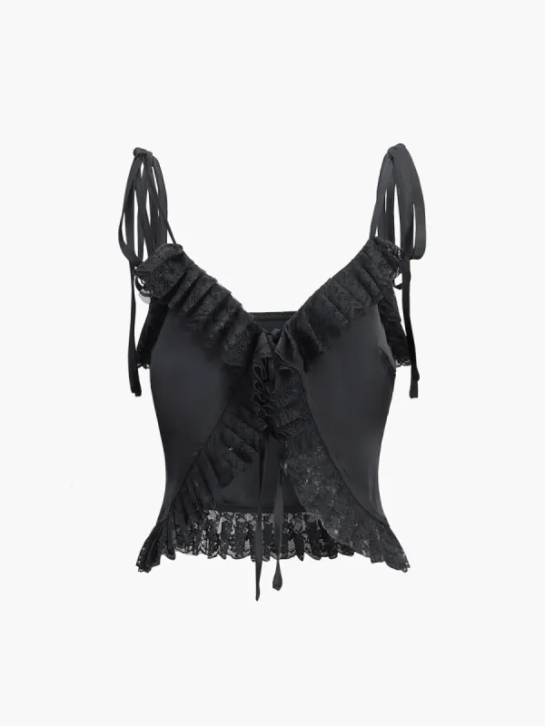 Satin Lace Trim Tie Shoulder Fly Away Top sold by COMMENSE