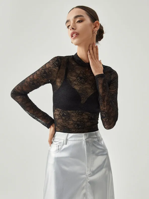 Floral Lace See Through Long Sleeve Blouse sold by COMMENSE
