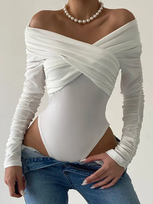Slinky Crossover Off Shoulder Long Sleeve Bodysuit sold by COMMENSE