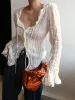 Chiffon Sheer Lettuce Trim Long Sleeve Shirt sold by COMMENSE