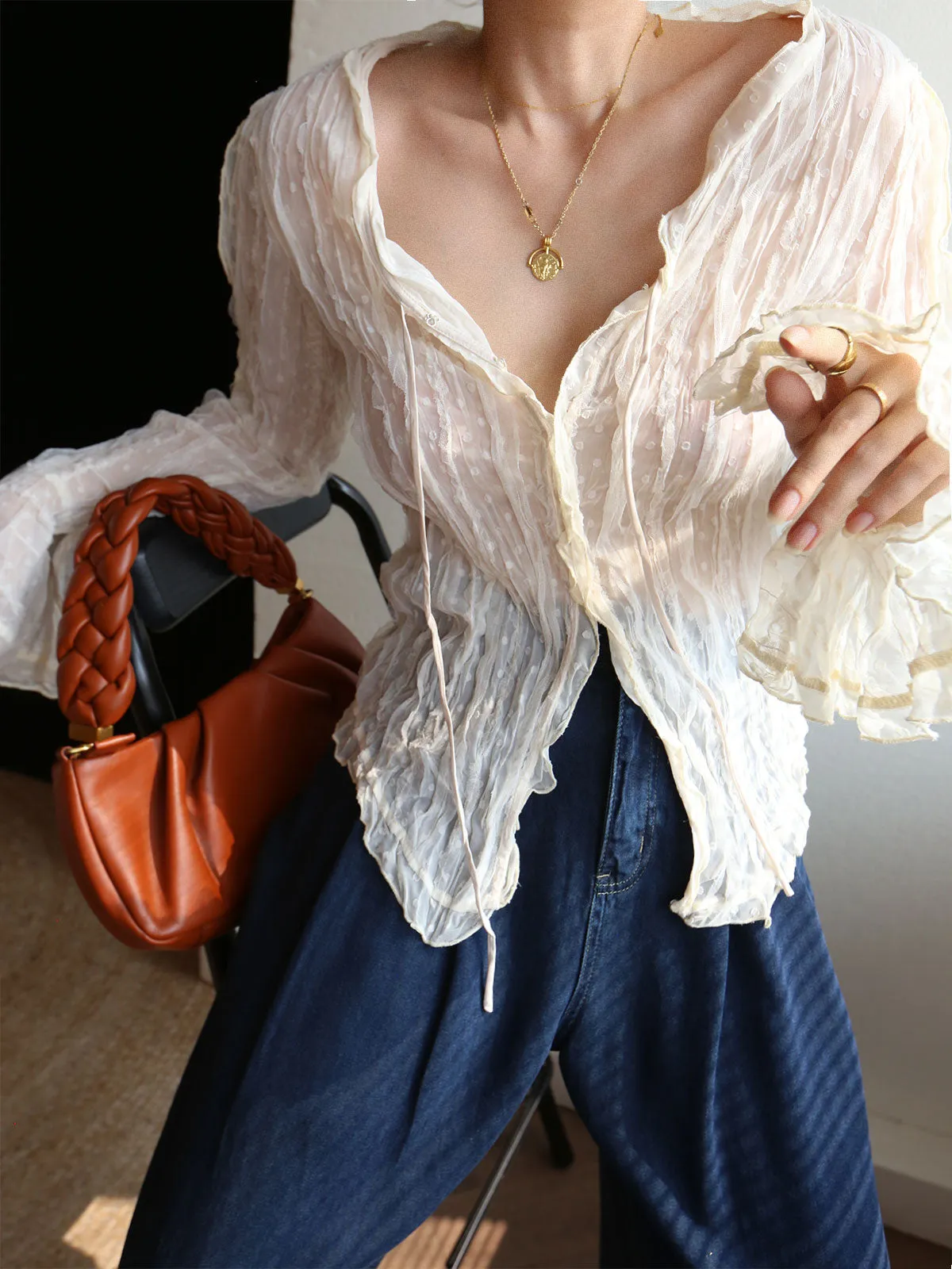 Chiffon Sheer Lettuce Trim Long Sleeve Shirt sold by COMMENSE product image thumbnail 2