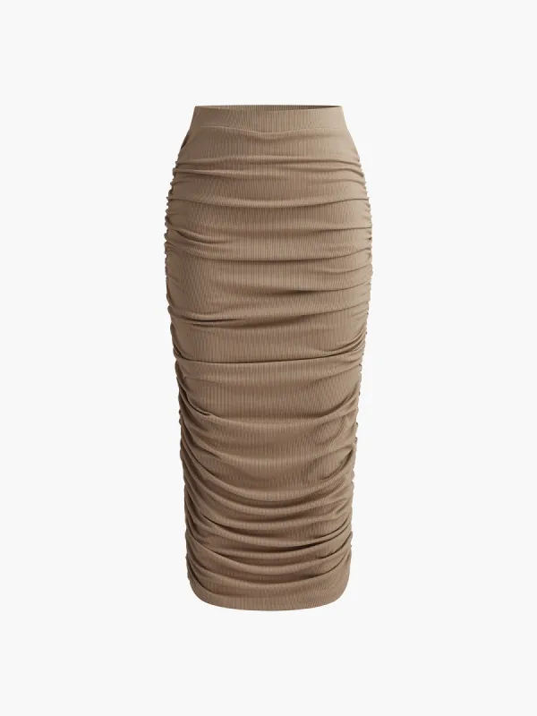 Stretch Pleated Ribbed Midi Skirt sold by COMMENSE