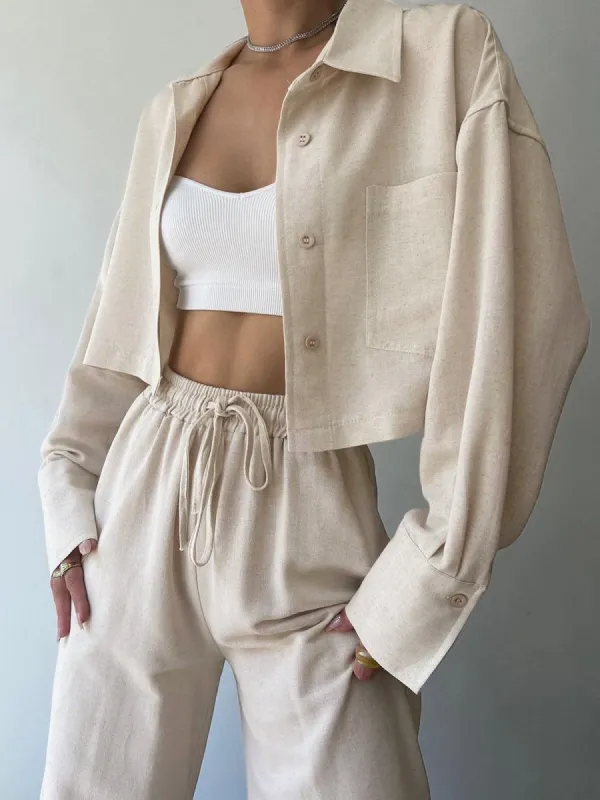 Collared Drawstring Two Piece Pants Set sold by COMMENSE