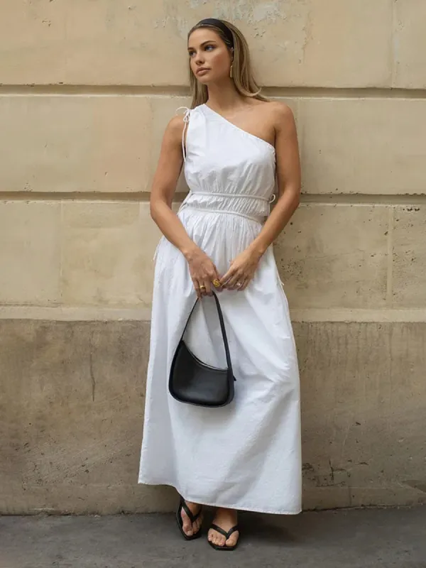 Cotton Blends Asymmetrical Neck Long Dress sold by COMMENSE