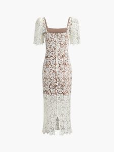 Rhinestone Floral Lace Zippered Midi Dress sold by COMMENSE