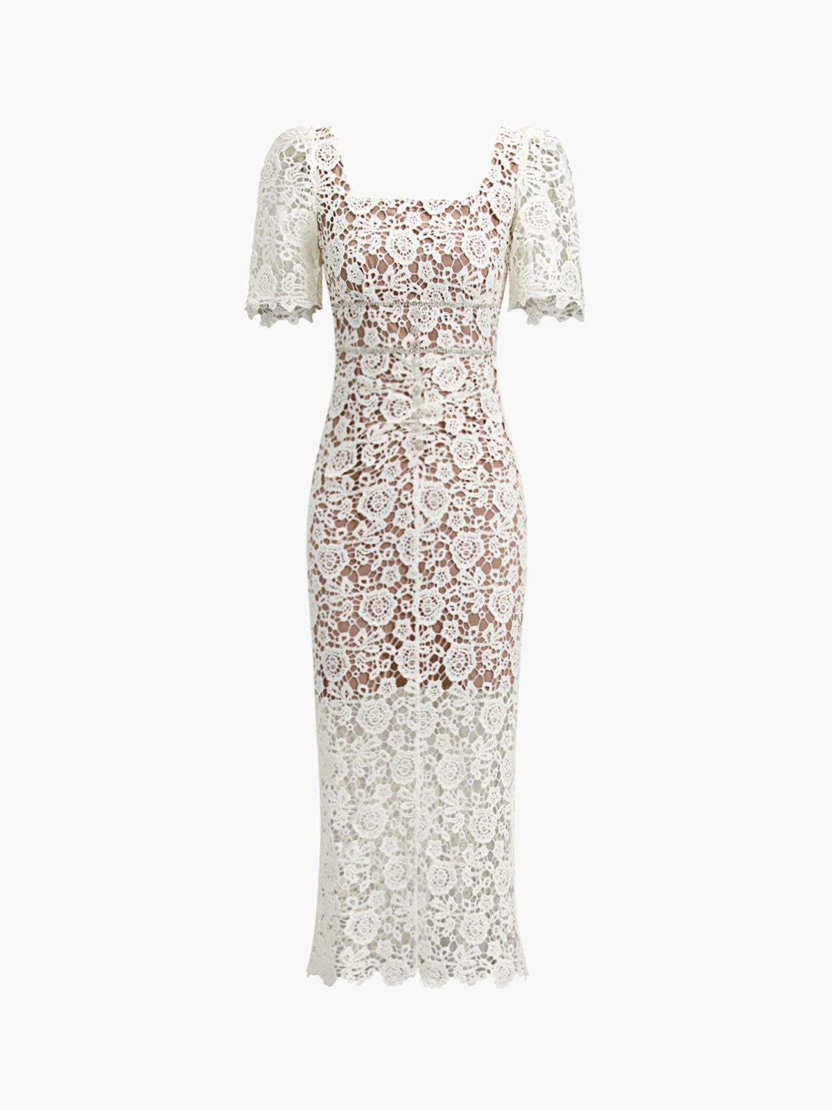 Rhinestone Floral Lace Zippered Midi Dress sold by COMMENSE