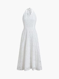 Floral Eyelet Halter Open Back Midi Dress sold by COMMENSE
