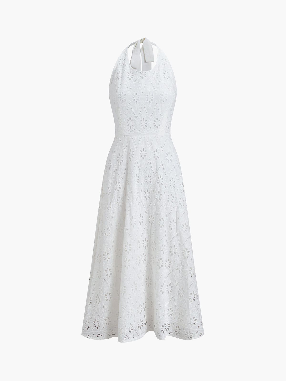 Floral Eyelet Halter Open Back Midi Dress sold by COMMENSE