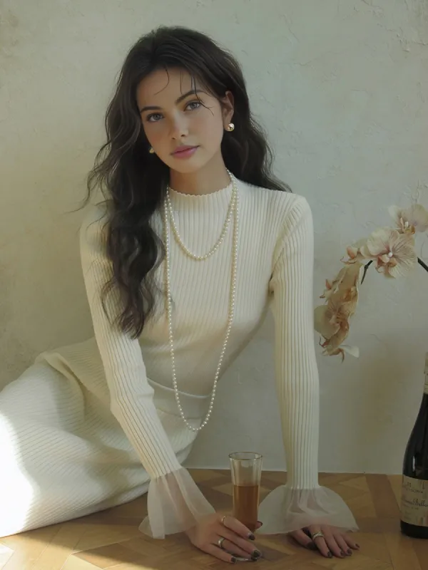 Splice Lace High Neck Knit Top sold by COMMENSE