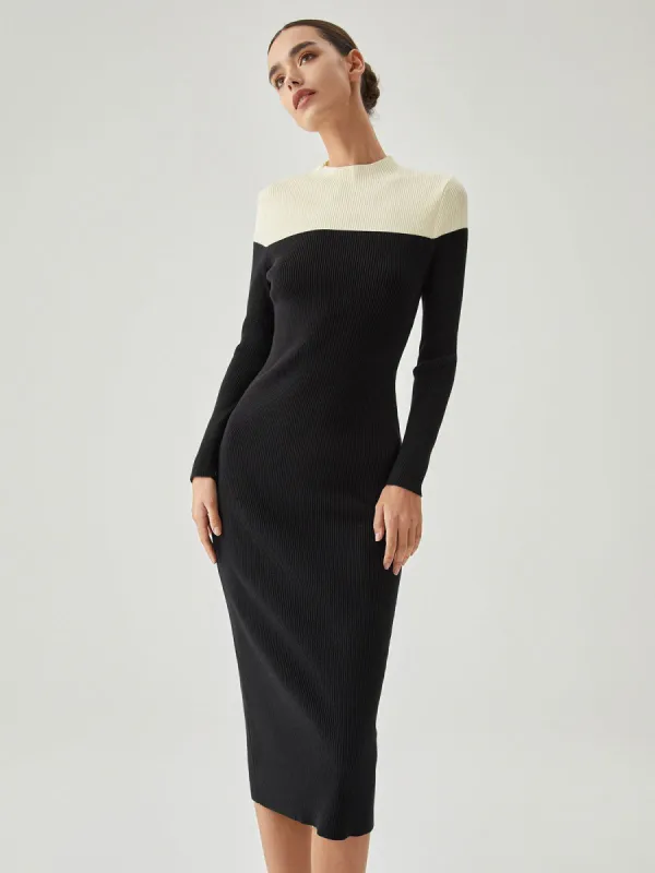 Color Block Mock Neck Long Sleeve Midi Sweater Dress sold by COMMENSE